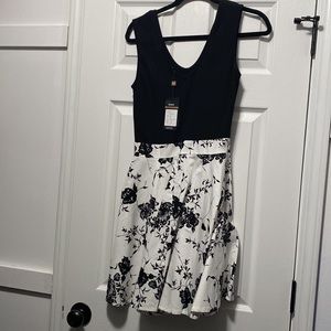 Black and white Amazon brand fit and flare floral dress